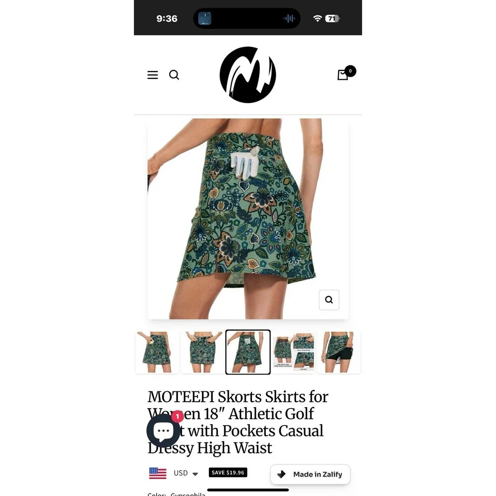 Moteepi Pull On‎ Golf Pickleball Skort Skirt w Shorts Small Pockets Green Floral